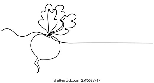 Vector continuous one single line drawing icon of beetroot with leaf in silhouette on a white background. Linear stylized, Beetroot in continuous line art drawing style. Garden beet black linear style