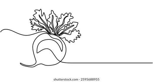 Vector continuous one single line drawing icon of beetroot with leaf in silhouette on a white background. Linear stylized, Beetroot in continuous line art drawing style. Garden beet black linear style