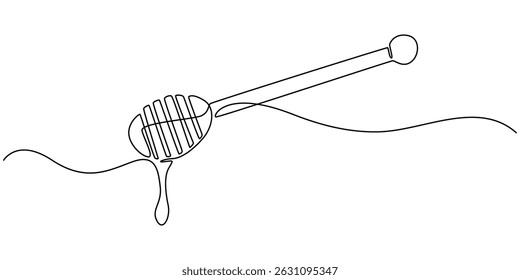 Vector continuous one single line drawing of honey on dipper in silhouette on a white background. Linear stylized, Honey dripping from honey dipper, continuous line drawing, tattoo, print for clothes.