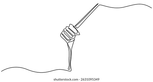 Vector continuous one single line drawing of honey on dipper in silhouette on a white background. Linear stylized, Honey dripping from honey dipper, continuous line drawing, tattoo, print for clothes.