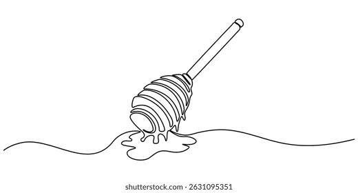 Vector continuous one single line drawing of honey on dipper in silhouette on a white background. Linear stylized, Honey dripping from honey dipper, continuous line drawing, tattoo, print for clothes.