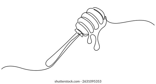Vector continuous one single line drawing of honey on dipper in silhouette on a white background. Linear stylized, Honey dripping from honey dipper, continuous line drawing, tattoo, print for clothes.