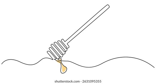 Vector continuous one single line drawing of honey on dipper in silhouette on a white background. Linear stylized, Honey dripping from honey dipper, continuous line drawing, tattoo, print for clothes.