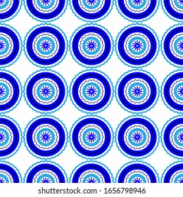Vector continuous pattern of circles and zigzags in blue, white and black on a white background, light and airy.