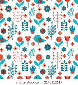 vector continuous pattern with fantasy elements. Fabulous flowers, plants, birds for paper, fabrics, wallpaper, advertising, needlework.