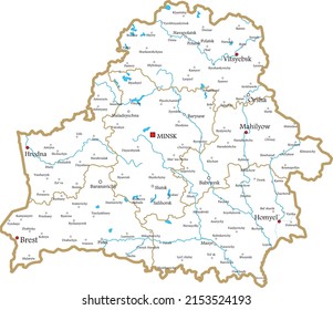 Vector contour administrative map of the Republic of Belarus. The territory of the state with large cities and borders of regions.