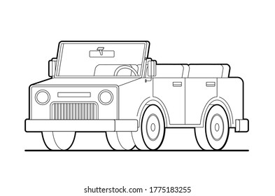 Vector contour army SUV; cars for travel, tourism. Linear drawing of a car without a roof, a convertible in cartoon style for a coloring book. Isolated on a white background.
