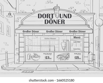 Vector contour background cafe in Dortmund, Germany. Image of fast food cafe in black and white. For web, video, interface, design, handout, news-sheet.