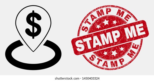 Vector contour bank location icon and Stamp Me seal. Blue rounded scratched seal with Stamp Me phrase. Black isolated bank location icon in contour style.