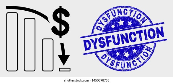 Vector contour bankruptcy bar chart pictogram and Dysfunction seal. Blue rounded scratched seal stamp with Dysfunction text. Black isolated bankruptcy bar chart pictogram in contour style.
