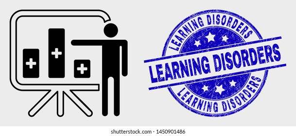 Vector contour bar chart presentation pictogram and Learning Disorders stamp. Blue round textured stamp with Learning Disorders phrase.