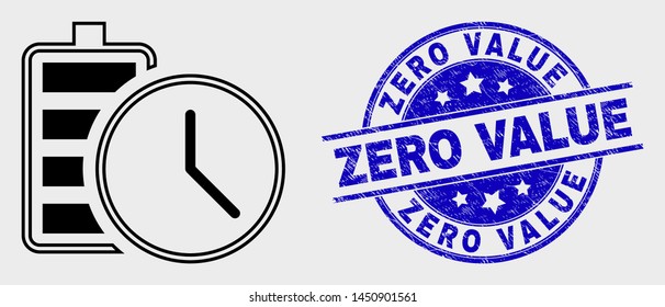 Vector contour battery charge time pictogram and Zero Value seal stamp. Blue rounded scratched seal stamp with Zero Value text. Black isolated battery charge time icon in line style.