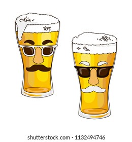 Vector Contour Beer Glass Drink With Foam Octoberfest Bar Pub Color Lager Yellow Funny Mask Face Mustache