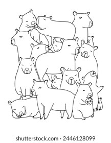 Vector contour black and white doodle, coloring book with capybara animals in different poses. Cute pet characters