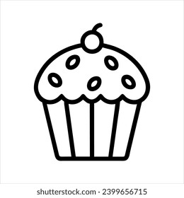 Vector contour black and white icon of cupcake with cherry and frosting. Sweet pastries. Holiday, birthday. Logo of a store, cafe, confectionery. 