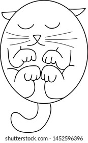 vector contour black and white illustration - cute rounded kitty sleeping on her back with her legs tucked - top view
