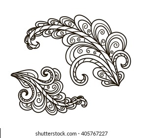 vector, contour, black and white illustration, abstract, feather, swirls, coloring book page, ethnic style, east, boho, tattoo, art, henna