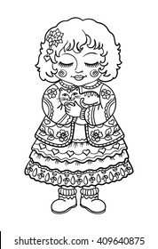 vector, contour, black and white illustration, painting, girl with cat, pet, care, love