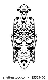 vector, contour, black and white illustration, african mask, totem, ethnic style, god, tattoo, art, henna, design element, abstract