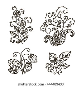 vector, contour, black and white illustration, coloring book, set, branch, flowers, leaves, strawberries, mountain ash, plant, garden, forest, summer, season, doodle style, abstraction