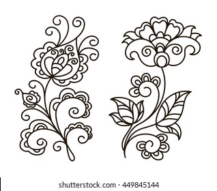 vector, contour, black and white illustration, set, flower, design element, abstract, swirls, adult coloring book, doodle style, oriental style,  tattoo