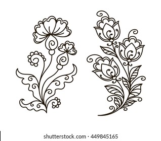 vector, contour, black and white illustration, set, flower, plant, design element, abstract, adult coloring book, doodle style