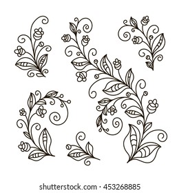 vector, contour, black and white illustration, coloring book, set, branch, flowers, leaves, plant, garden, forest, summer, season, doodle style, abstraction