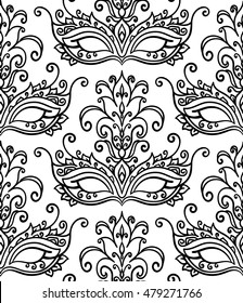 vector, contour, black and white illustration, mask, masquerade, opera, seamless pattern