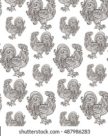 vector, contour, black and white illustration, seamless pattern, rooster, bird, adult coloring book, doodle style