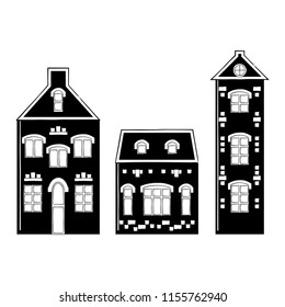 vector contour black white old traditional historical house town city silhuette