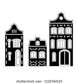 vector contour black white old traditional historical house town city silhuette