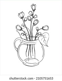 Ramo de flores de contorno vectorial. Dibujo aislado sobre un fondo transparente. Cartel, el concepto de vacaciones. Composición en blanco y negro. Incluido en el conjunto de ilustraciones "bouquets de primavera".