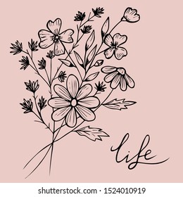 Vector contour bouquet. Line. Botanical doodling. Hand drawing. Isolated object on pastel pink beige background. Lettering.