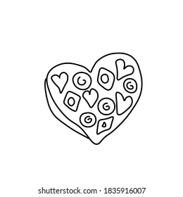 Caja de contorno de vectores de caramelos de chocolate línea negra.Estilo de doodle de decoración romántica.Dibujo a mano de postre gráfico para el Día de San Valentín.Diseño para redes sociales, artículos, afiches, tarjetas, web, menús.
