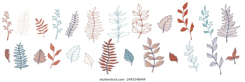 vector contour branch and leaves for harvest festival poster. Elegant silhouette and outline element in trendy pastel colors. hand drawn botanical illustration for wedding design, cards, logo, tattoo.