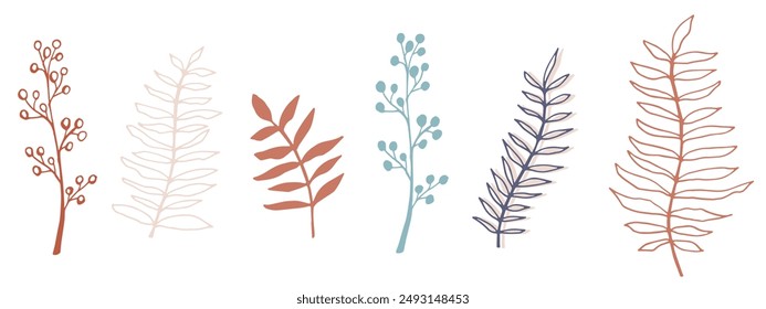 vector contour branch and leaves for harvest festival poster. Elegant silhouette and outline element in trendy pastel colors. hand drawn botanical illustration for wedding design, cards, logo, tattoo.