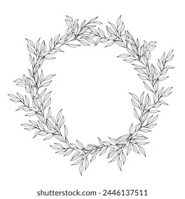 Vektorgrafik Kontur Zweig und Blätter Kranz. Elegante Zweige für die Dekoration. Handzeichnung monochrome botanische Illustration für Hintergründe. Vorlage für Hochzeitskarten und Polygraph, Logo, Tattoo.
