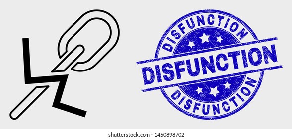 Vector contour break chain pictogram and Disfunction seal. Blue rounded distress seal with Disfunction message. Black isolated break chain pictogram in contour style.