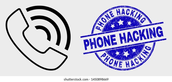 Vector contour call phone icon and Phone Hacking watermark. Blue round grunge stamp with Phone Hacking phrase. Black isolated call phone icon in contour style.