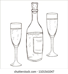 vector contour campagne wine bootle glasses with bubblts coloring book outlined