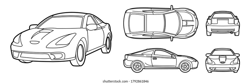 Vehículo de contorno de vectores. Para colorear la página del libro. Coche de plantilla aislado sobre fondo blanco. Vista desde un lado, frente, atrás y arriba. Ilustración vectorial.