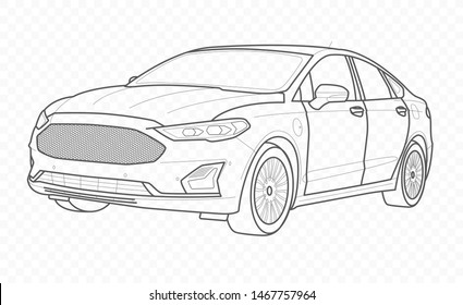 Vector contour car on transparent background. American automobile outline. Auto.