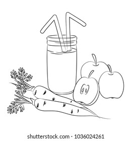 vector contour carrot vegetable and apple fruit smoothy drink in jar. healthy. vegetarian. coloring page. childish