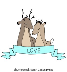 Vector contour cartoon drawing of two deer in love (male and female deer), with a turquoise flag that says "love".