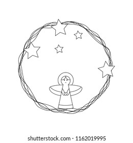 vector contour christmas new year wreath round circle frame border set simple childish cartoon star angel cartoon coloring book