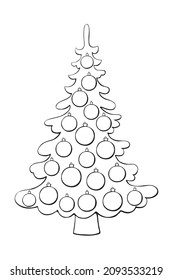 Vector contour Christmas tree decorated with xmas balls. Template for children creativity, application, coloring book