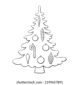 Vector contour Christmas tree decorated with xmas balls, glass toys, decorations. Template for children creativity, application, coloring book. New year, Xmas illustration. Outline, doodle, hand drawn