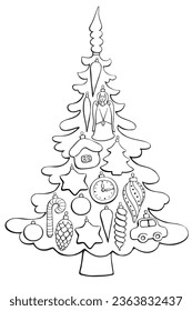 Vector contour Christmas tree decorated with xmas balls, glass toys, decorations. Template for children creativity, application, coloring book. New year, Xmas illustration. Outline, doodle, hand drawn