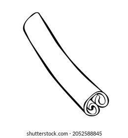 Vector contour cinnamon stick in doodle style. Hand drawn seasoning, spice, clipart, ingredient for baking, hot drinks, aromatherapy, cooking