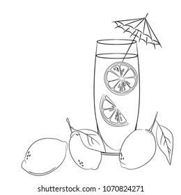vector contour citrus lemon fruit slices drink glass with umbrella cocktail coloring book childish hand drawn 